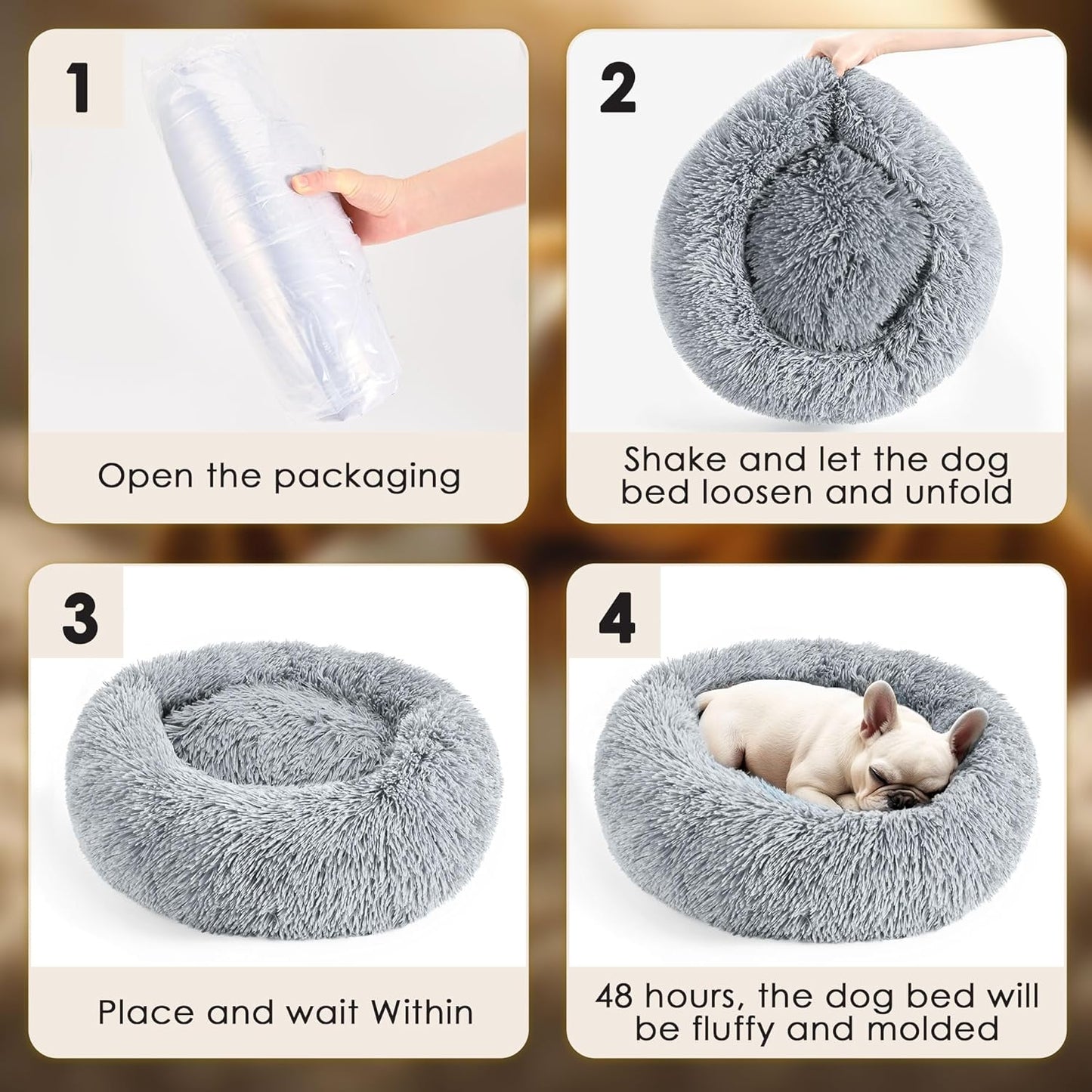 Hoewina Indoor Calming Donut Bed for Dogs and Cats, 20-Inch Washable Fluffy Pet Bed for Small to Medium Pets (Light Grey)