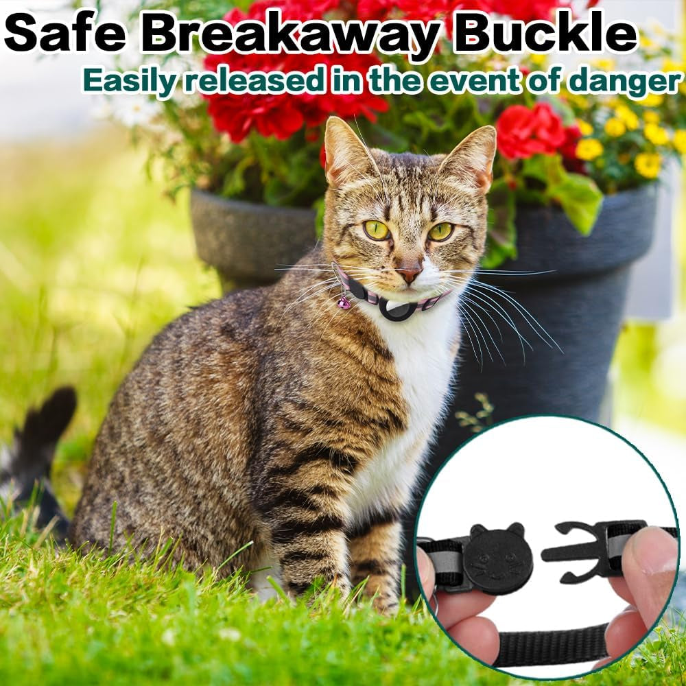 Breakaway Airtag Cat Collar - Reflective Lightweight Kitten Collar with Apple Airtag Holder and Bell for Cats (Black, 0.4 Inches Width)