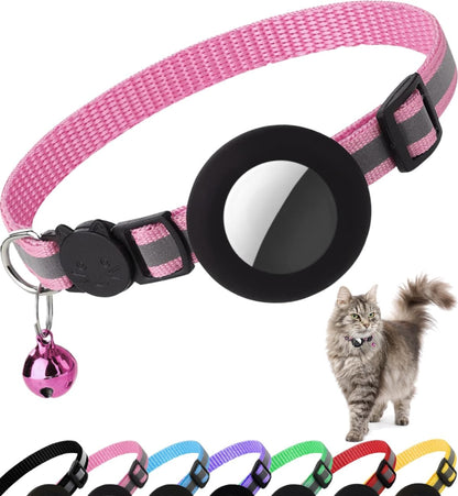 Breakaway Airtag Cat Collar - Reflective Lightweight Kitten Collar with Apple Airtag Holder and Bell for Cats (Black, 0.4 Inches Width)