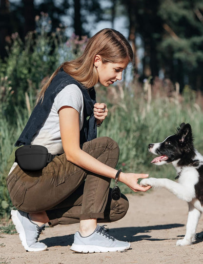 Heouvo Dog Treat Pouch with Training Clicker and Enhanced Magnetic Closure, 1.67 Cup Silicone Treat Bag Fanny Pack with Waist Belt for Pet Training and Walking (Black)