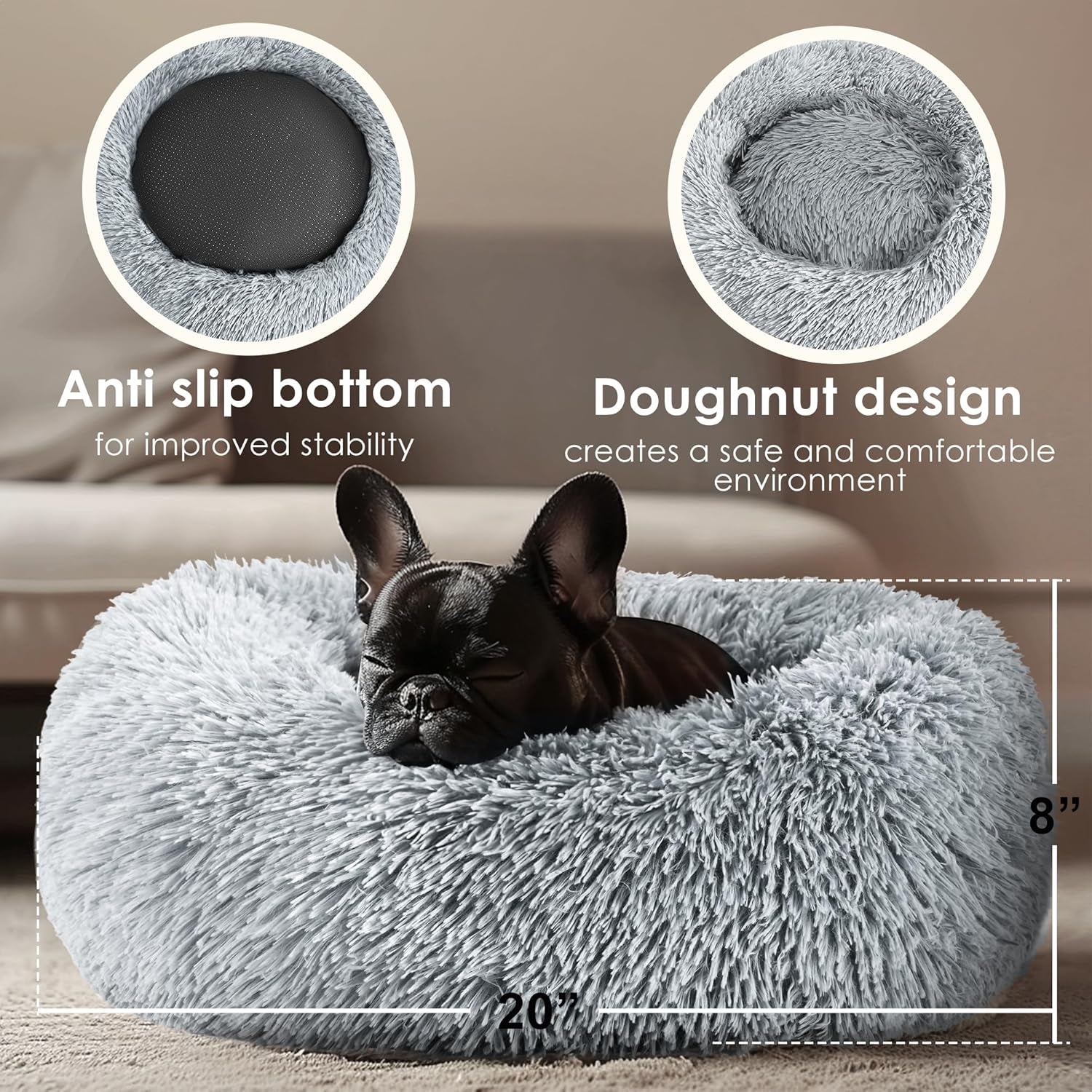 Hoewina Indoor Calming Donut Bed for Dogs and Cats, 20-Inch Washable Fluffy Pet Bed for Small to Medium Pets (Light Grey)