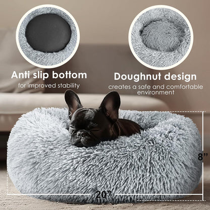 Hoewina Indoor Calming Donut Bed for Dogs and Cats, 20-Inch Washable Fluffy Pet Bed for Small to Medium Pets (Light Grey)