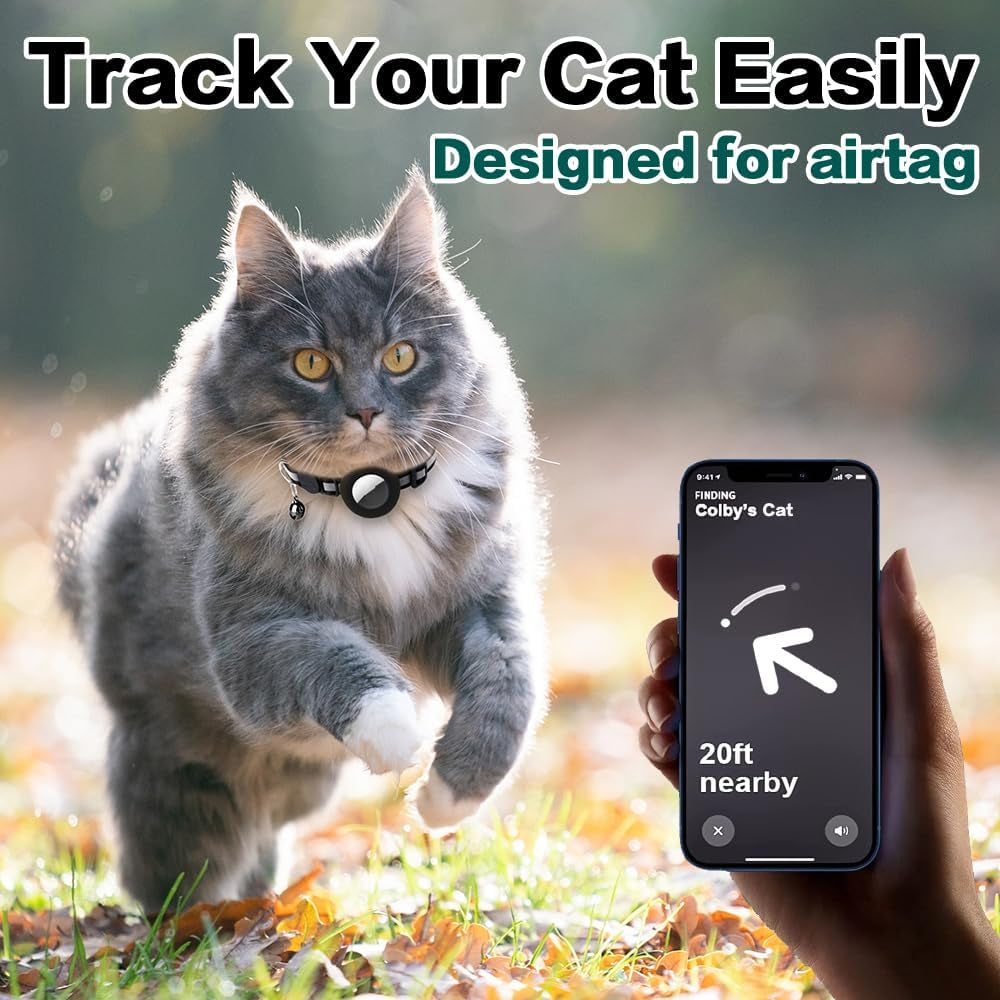 Breakaway Airtag Cat Collar - Reflective Lightweight Kitten Collar with Apple Airtag Holder and Bell for Cats (Black, 0.4 Inches Width)
