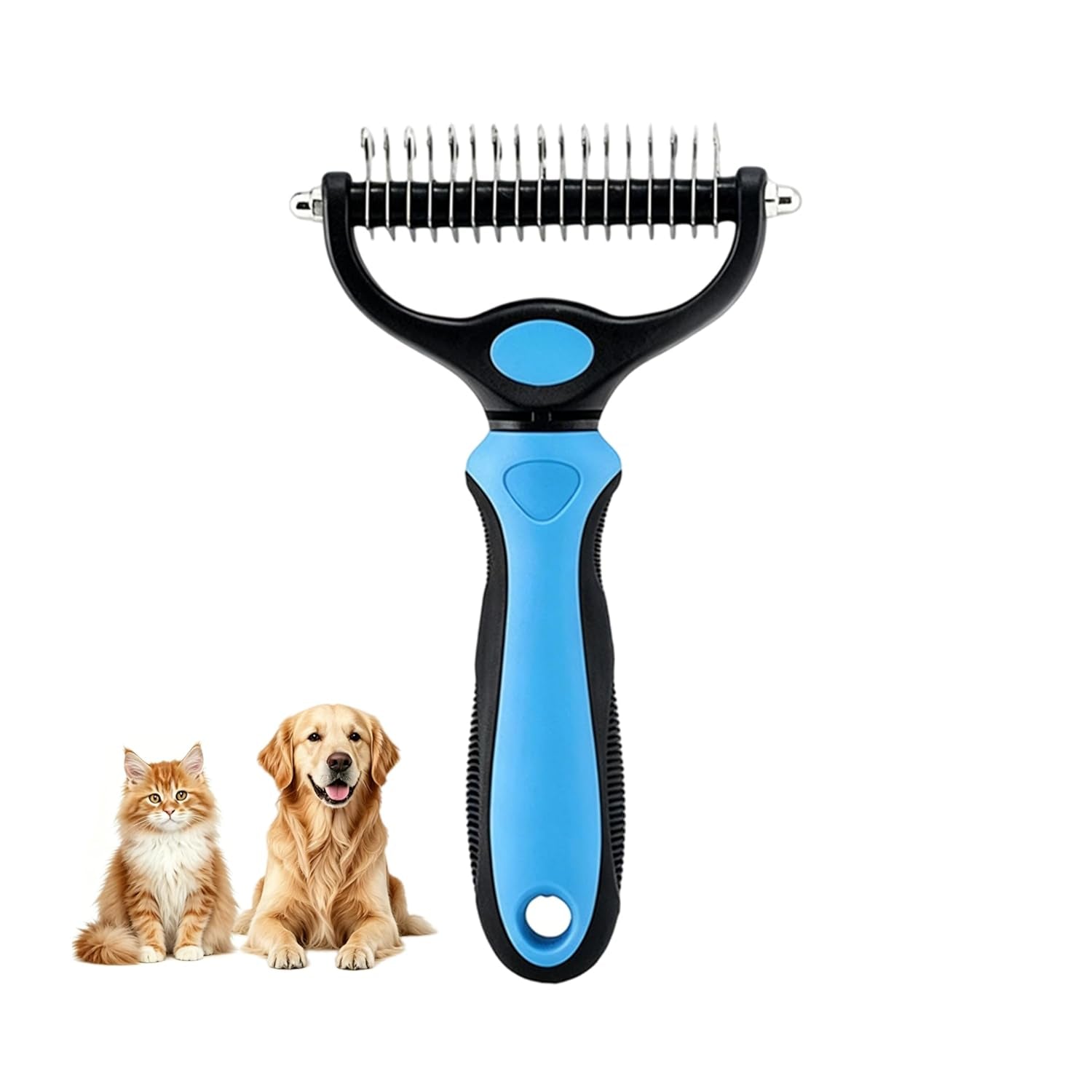 Dematting Comb and Undercoat Rake for Dogs and Cats - Professional Grooming Tool for Long Hair, Removes Tangles, Knots, and Loose Fur (Blue, Large)