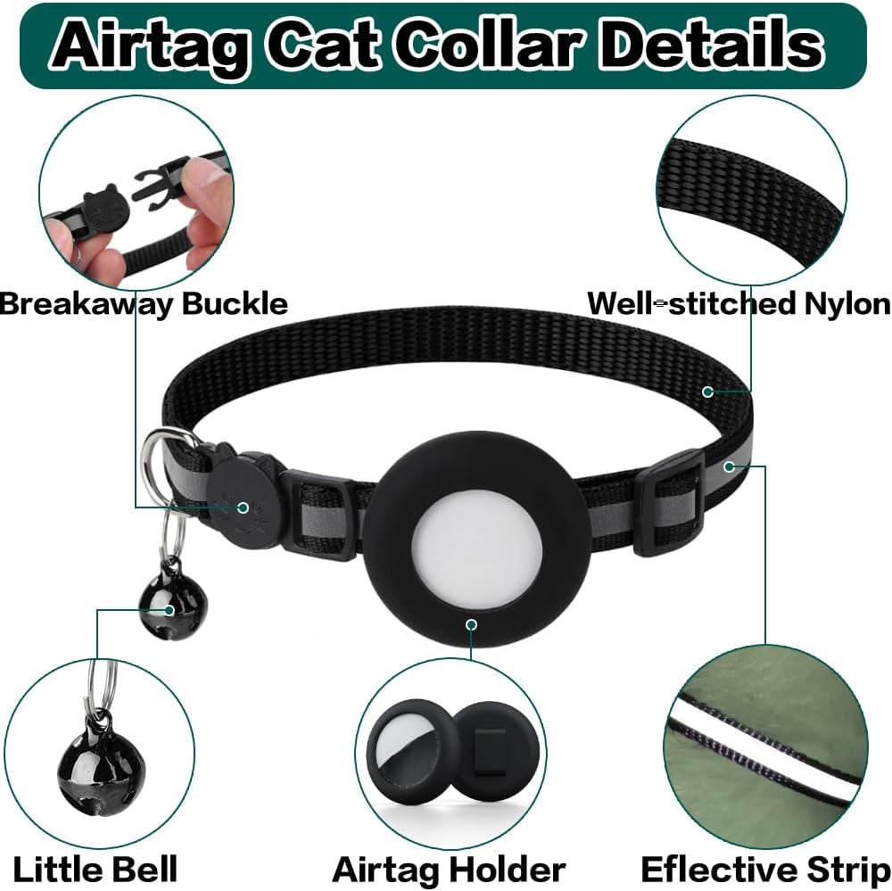 Breakaway Airtag Cat Collar - Reflective Lightweight Kitten Collar with Apple Airtag Holder and Bell for Cats (Black, 0.4 Inches Width)