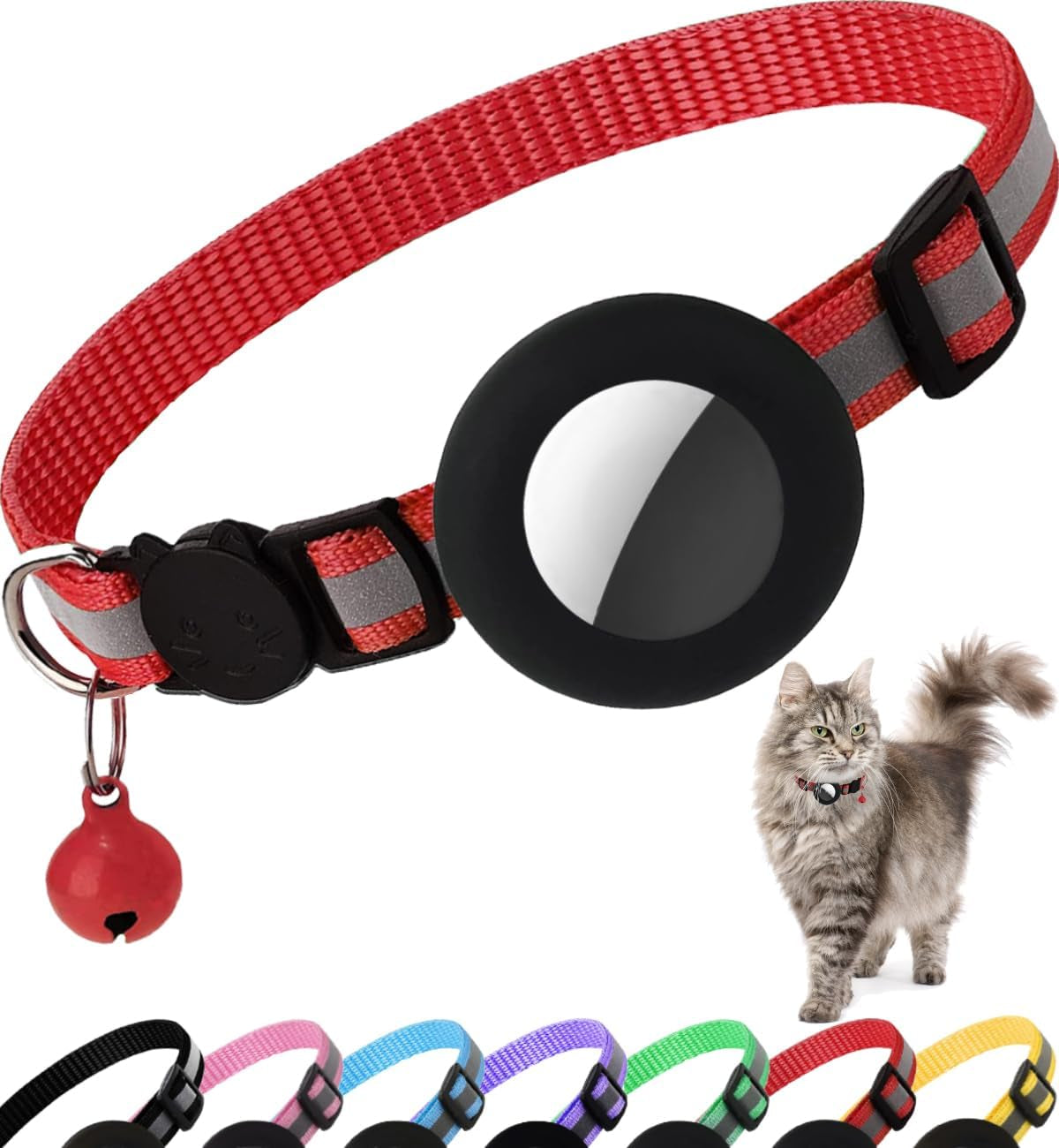 Breakaway Airtag Cat Collar - Reflective Lightweight Kitten Collar with Apple Airtag Holder and Bell for Cats (Black, 0.4 Inches Width)