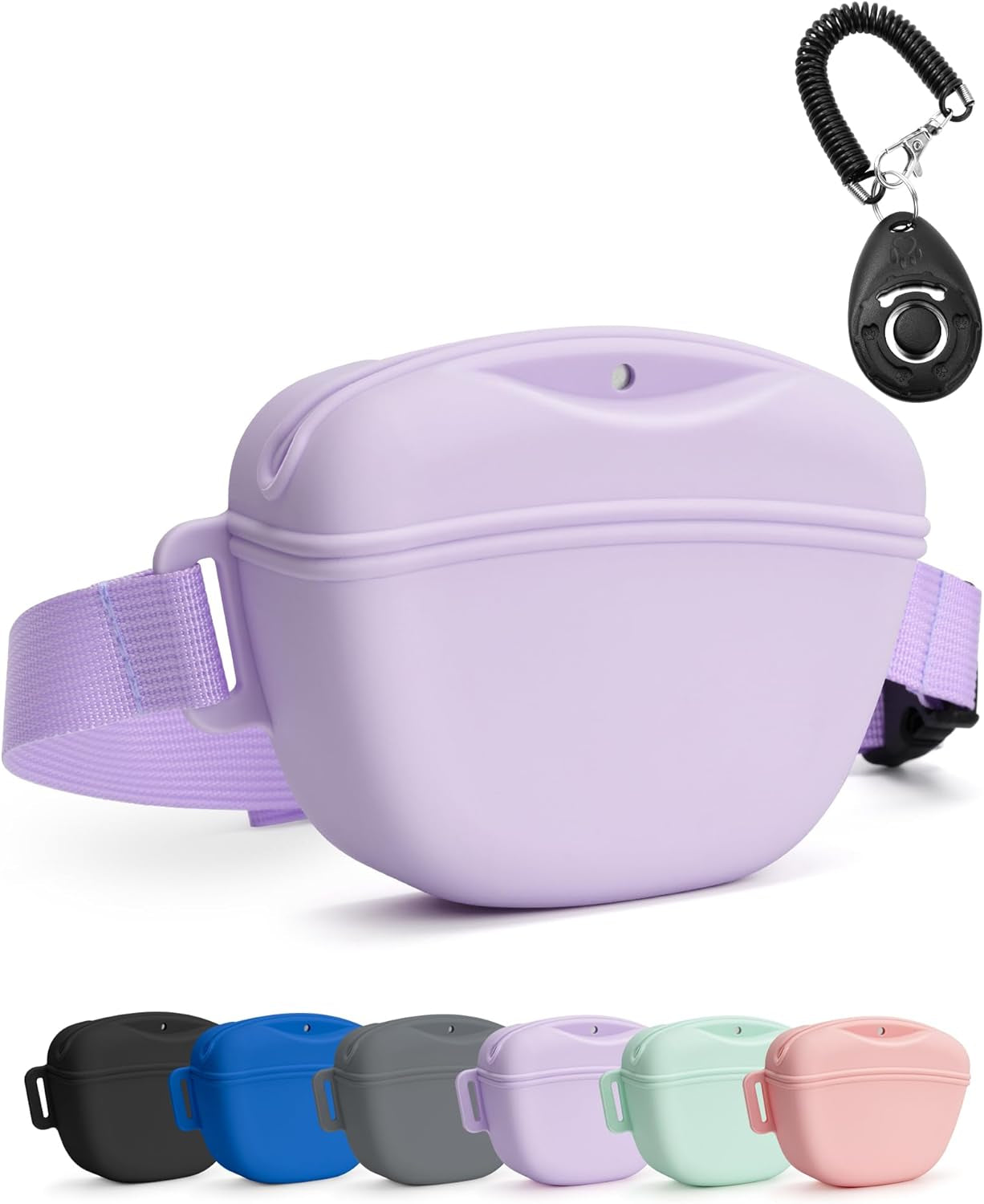 Heouvo Dog Treat Pouch with Training Clicker and Enhanced Magnetic Closure, 1.67 Cup Silicone Treat Bag Fanny Pack with Waist Belt for Pet Training and Walking (Black)