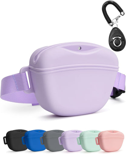 Heouvo Dog Treat Pouch with Training Clicker and Enhanced Magnetic Closure, 1.67 Cup Silicone Treat Bag Fanny Pack with Waist Belt for Pet Training and Walking (Black)