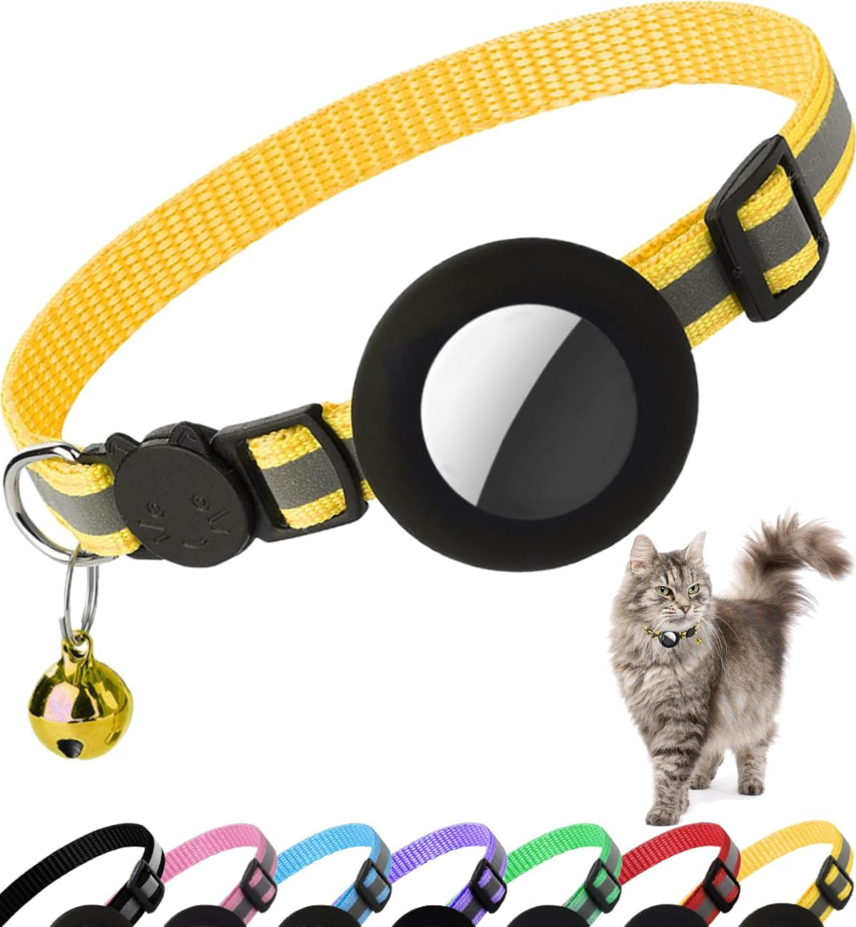 Breakaway Airtag Cat Collar - Reflective Lightweight Kitten Collar with Apple Airtag Holder and Bell for Cats (Black, 0.4 Inches Width)