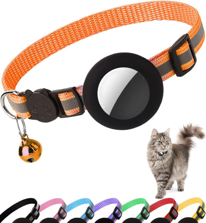 Breakaway Airtag Cat Collar - Reflective Lightweight Kitten Collar with Apple Airtag Holder and Bell for Cats (Black, 0.4 Inches Width)