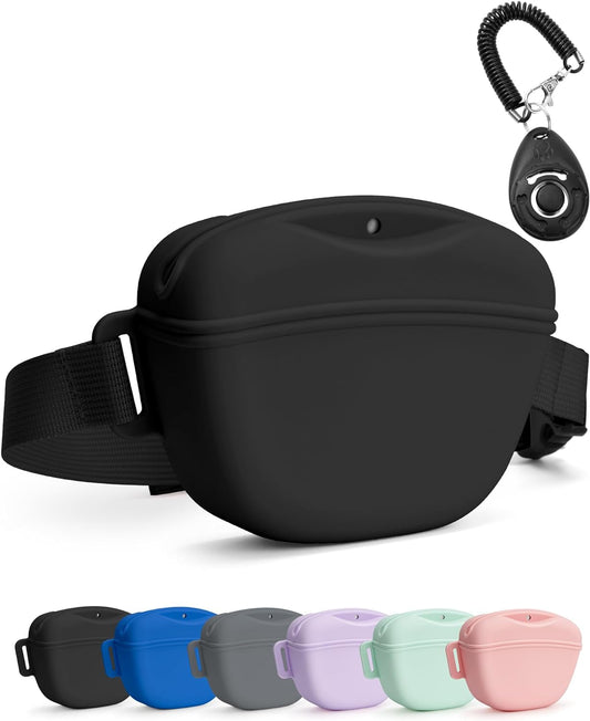 Heouvo Dog Treat Pouch with Training Clicker and Enhanced Magnetic Closure, 1.67 Cup Silicone Treat Bag Fanny Pack with Waist Belt for Pet Training and Walking (Black)