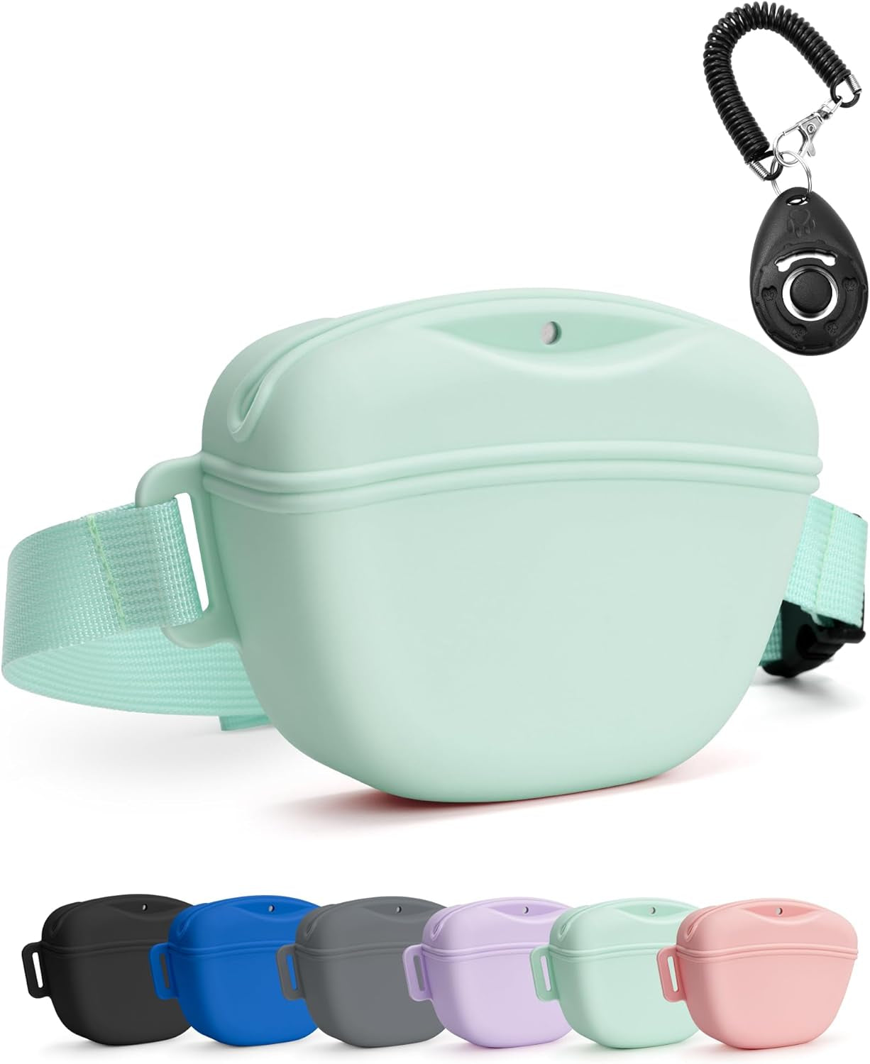 Heouvo Dog Treat Pouch with Training Clicker and Enhanced Magnetic Closure, 1.67 Cup Silicone Treat Bag Fanny Pack with Waist Belt for Pet Training and Walking (Black)