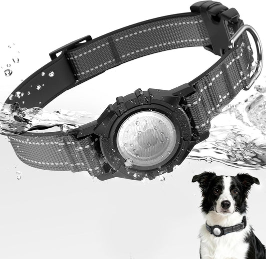 Reflective Airtag Dog Collar with Holder, IP68 Waterproof, Ultra-Durable and Comfortable Padded GPS Tracker Collar for Dogs (Black, Size S)
