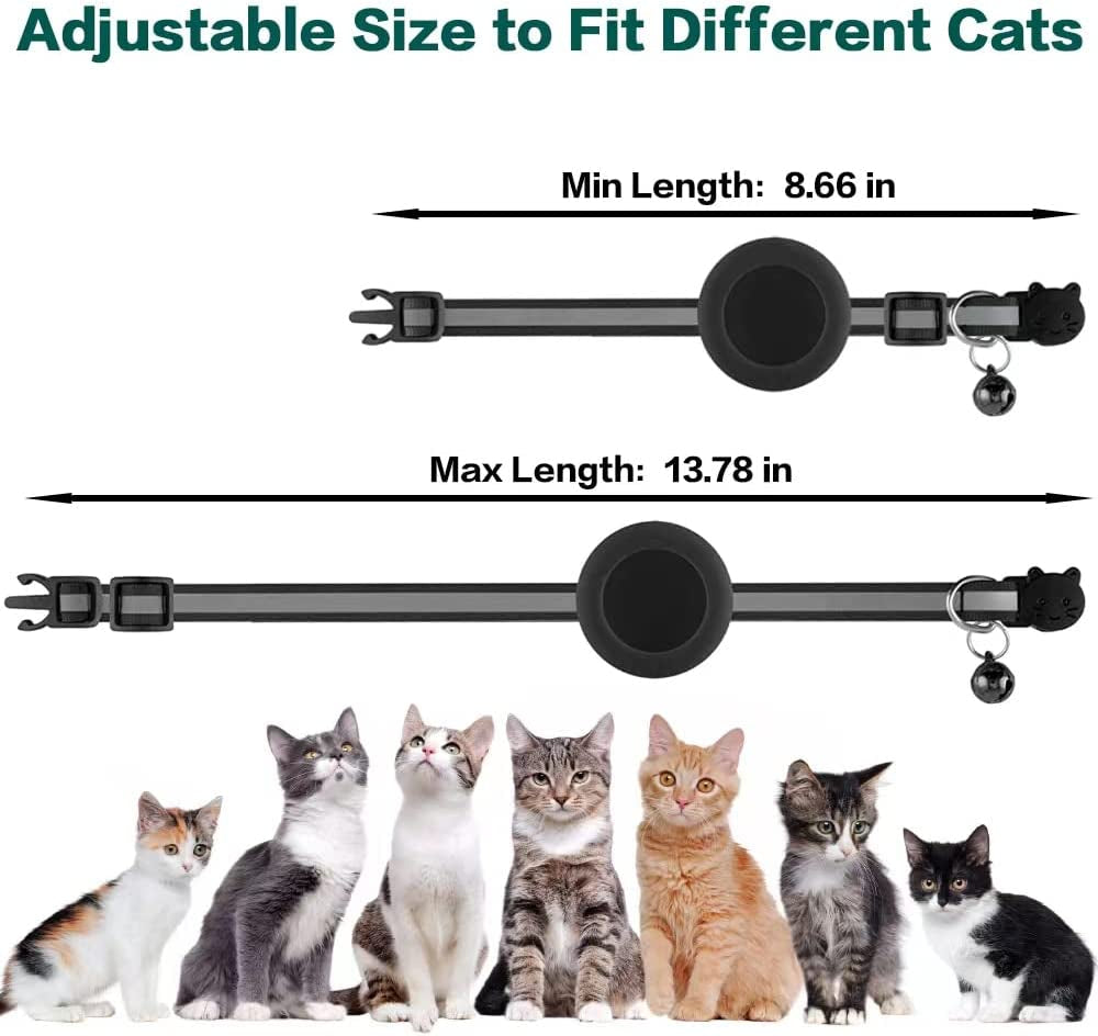 Breakaway Airtag Cat Collar - Reflective Lightweight Kitten Collar with Apple Airtag Holder and Bell for Cats (Black, 0.4 Inches Width)