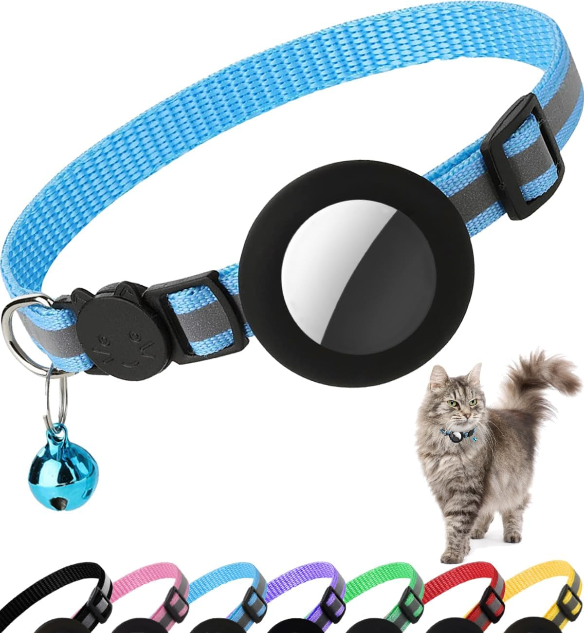 Breakaway Airtag Cat Collar - Reflective Lightweight Kitten Collar with Apple Airtag Holder and Bell for Cats (Black, 0.4 Inches Width)