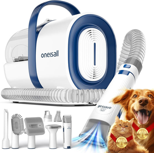 Oneisall Professional Dog Grooming Vacuum with Clipper and Nail Grinder, 1.5L Dust Cup, 7-in-1 Shedding Brush for Pet Hair and Home Cleaning (Blue)
