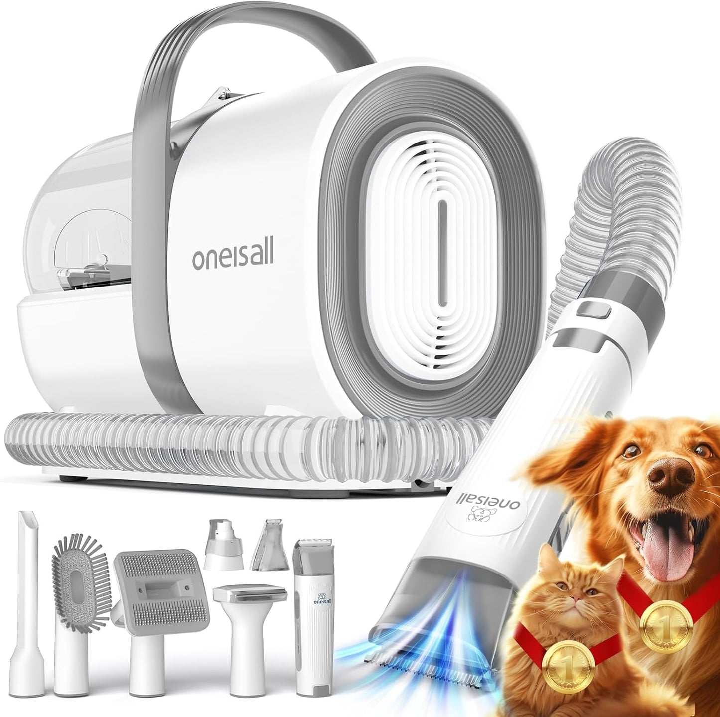 Oneisall Professional Dog Grooming Vacuum with Clipper and Nail Grinder, 1.5L Dust Cup, 7-in-1 Shedding Brush for Pet Hair and Home Cleaning (Blue)