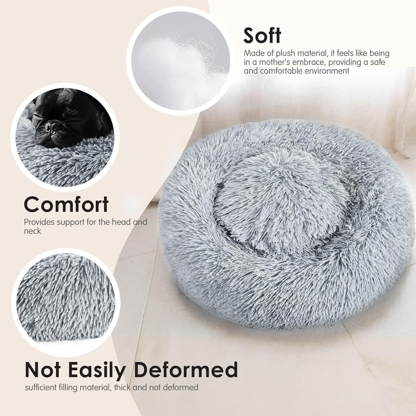 Hoewina Indoor Calming Donut Bed for Dogs and Cats, 20-Inch Washable Fluffy Pet Bed for Small to Medium Pets (Light Grey)