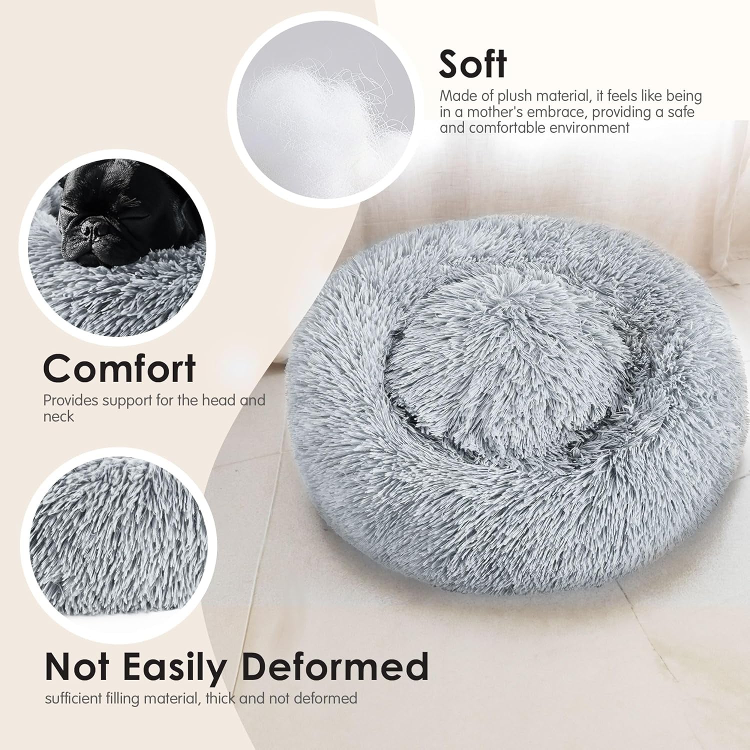 Hoewina Indoor Calming Donut Bed for Dogs and Cats, 20-Inch Washable Fluffy Pet Bed for Small to Medium Pets (Light Grey)