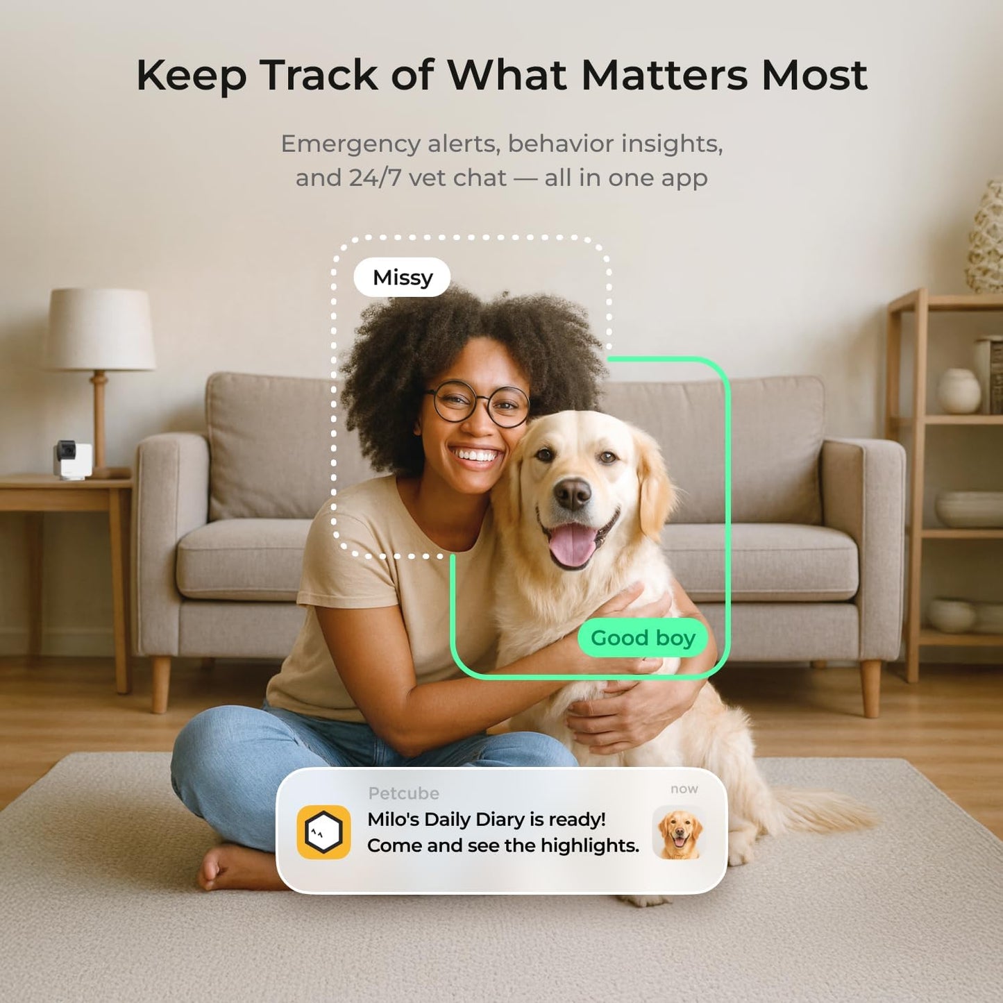 Petcube Cam 360° Interactive Wi-Fi Security Camera for Pets and Home with Mobile App, 1080P HD Video, Pan-Tilt Functionality, Night Vision, and AI Alerts