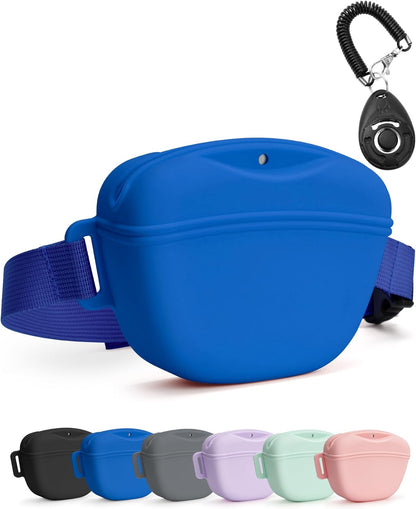 Heouvo Dog Treat Pouch with Training Clicker and Enhanced Magnetic Closure, 1.67 Cup Silicone Treat Bag Fanny Pack with Waist Belt for Pet Training and Walking (Black)