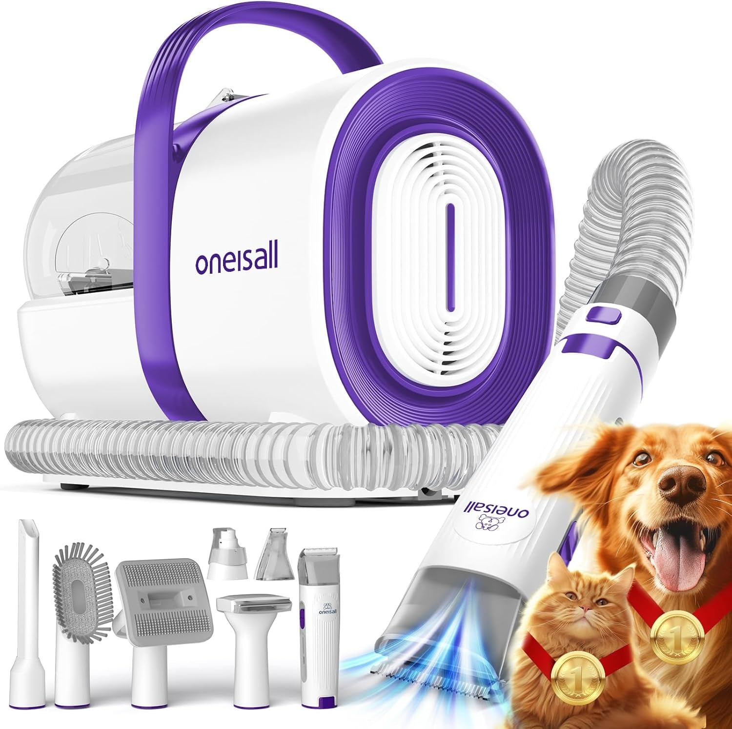 Oneisall Professional Dog Grooming Vacuum with Clipper and Nail Grinder, 1.5L Dust Cup, 7-in-1 Shedding Brush for Pet Hair and Home Cleaning (Blue)