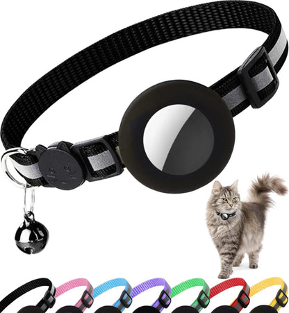Breakaway Airtag Cat Collar - Reflective Lightweight Kitten Collar with Apple Airtag Holder and Bell for Cats (Black, 0.4 Inches Width)