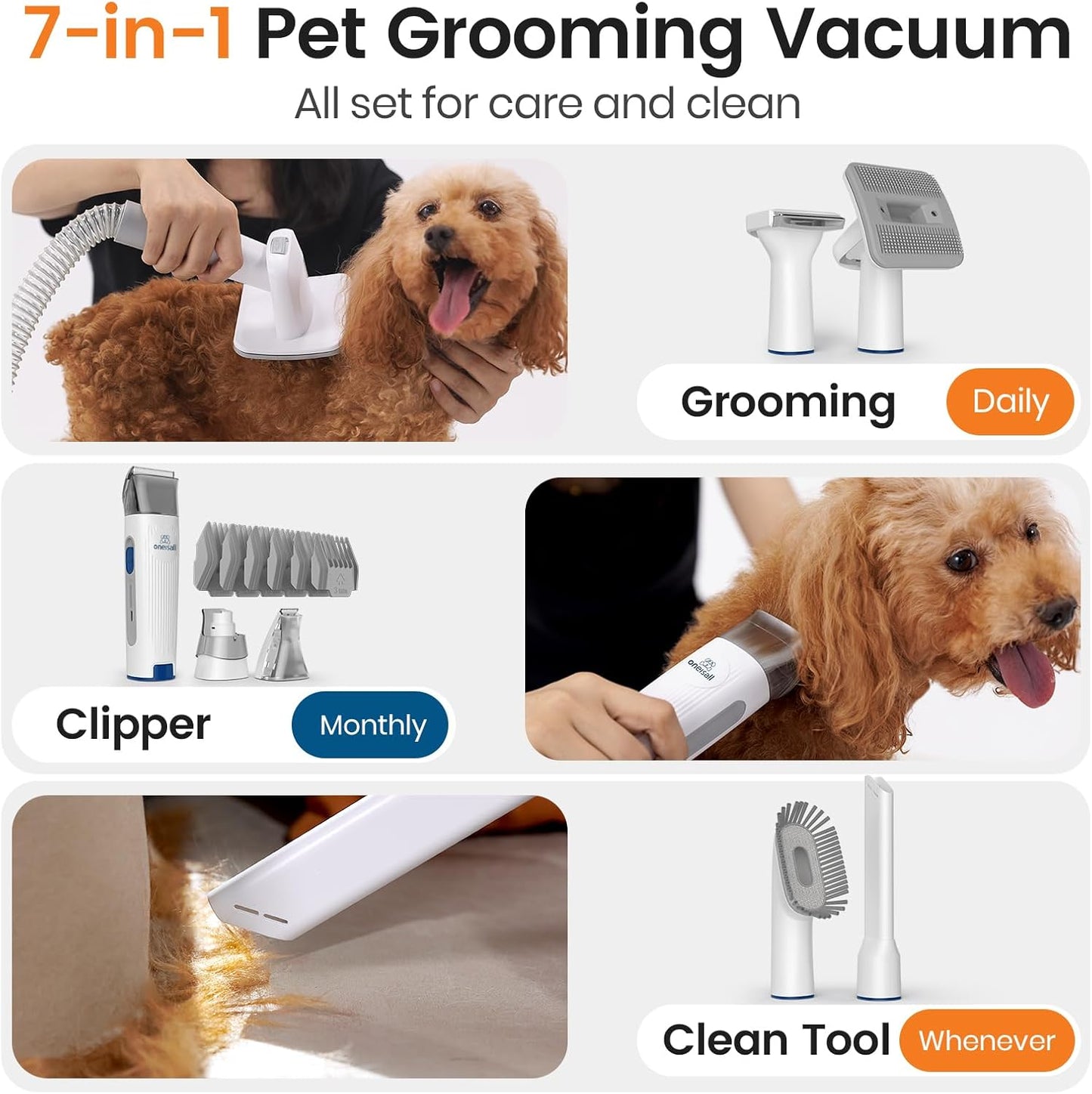 Oneisall Professional Dog Grooming Vacuum with Clipper and Nail Grinder, 1.5L Dust Cup, 7-in-1 Shedding Brush for Pet Hair and Home Cleaning (Blue)