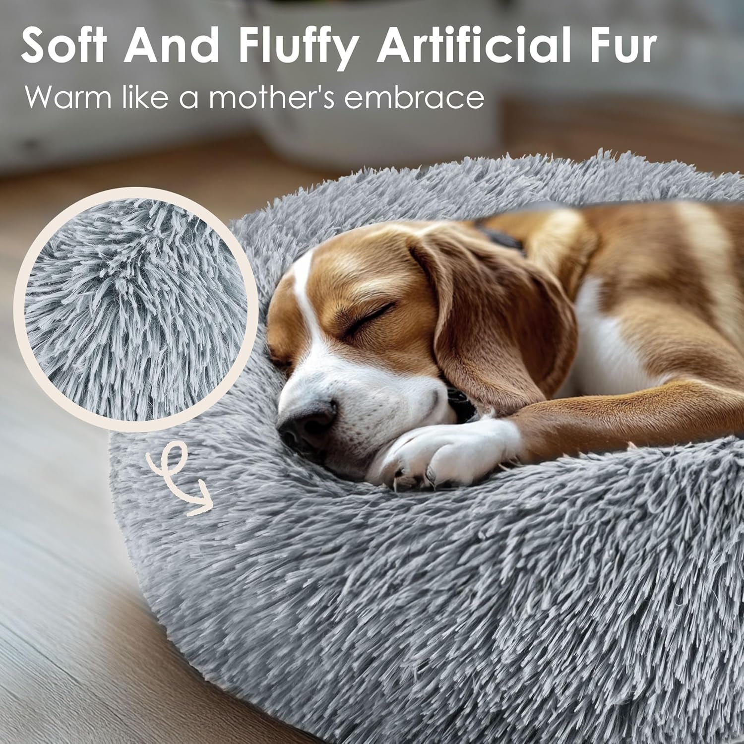 Hoewina Indoor Calming Donut Bed for Dogs and Cats, 20-Inch Washable Fluffy Pet Bed for Small to Medium Pets (Light Grey)