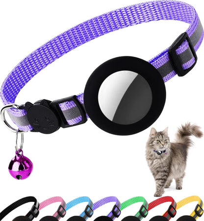 Breakaway Airtag Cat Collar - Reflective Lightweight Kitten Collar with Apple Airtag Holder and Bell for Cats (Black, 0.4 Inches Width)