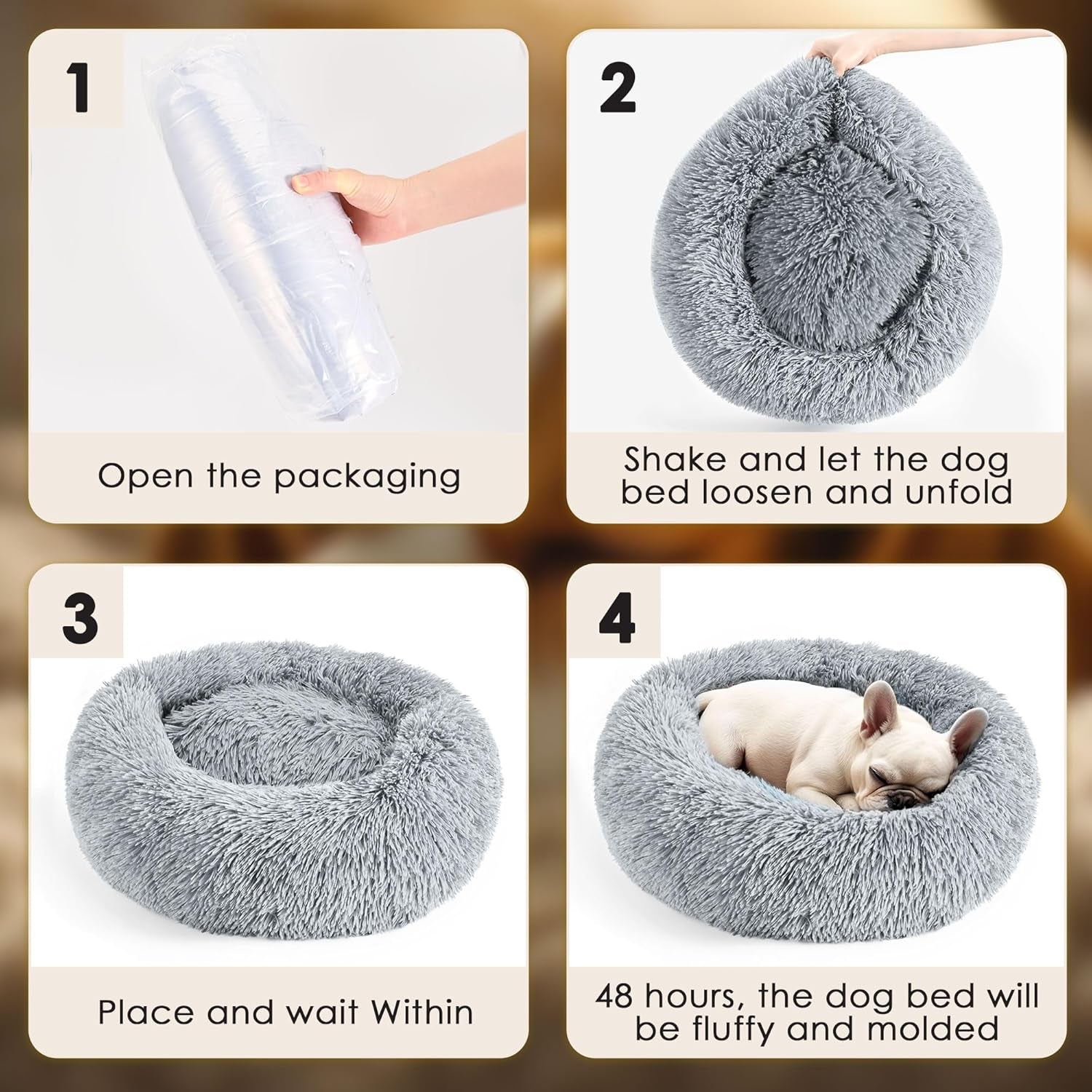Hoewina Indoor Calming Donut Bed for Dogs and Cats, 20-Inch Washable Fluffy Pet Bed for Small to Medium Pets (Light Grey)