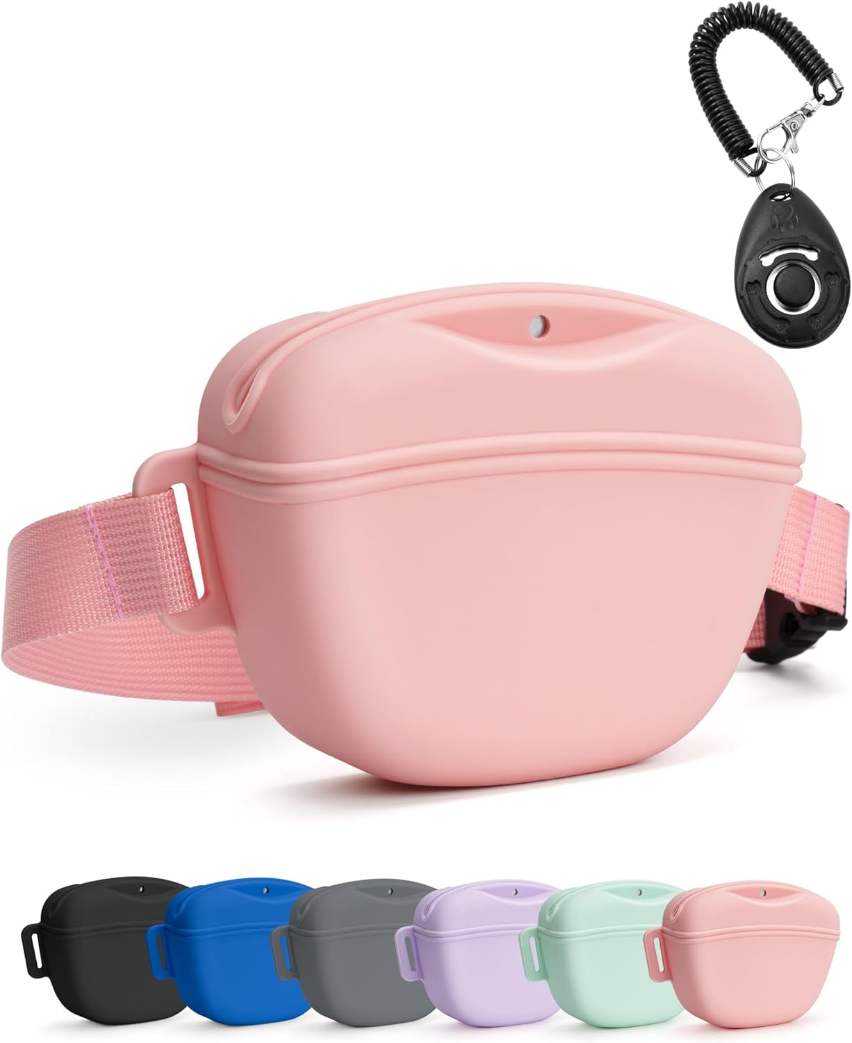 Heouvo Dog Treat Pouch with Training Clicker and Enhanced Magnetic Closure, 1.67 Cup Silicone Treat Bag Fanny Pack with Waist Belt for Pet Training and Walking (Black)