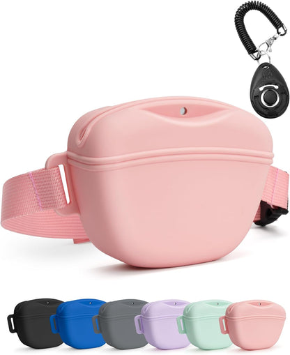 Heouvo Dog Treat Pouch with Training Clicker and Enhanced Magnetic Closure, 1.67 Cup Silicone Treat Bag Fanny Pack with Waist Belt for Pet Training and Walking (Black)