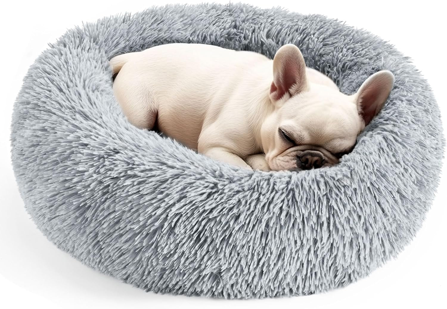 Hoewina Indoor Calming Donut Bed for Dogs and Cats, 20-Inch Washable Fluffy Pet Bed for Small to Medium Pets (Light Grey)
