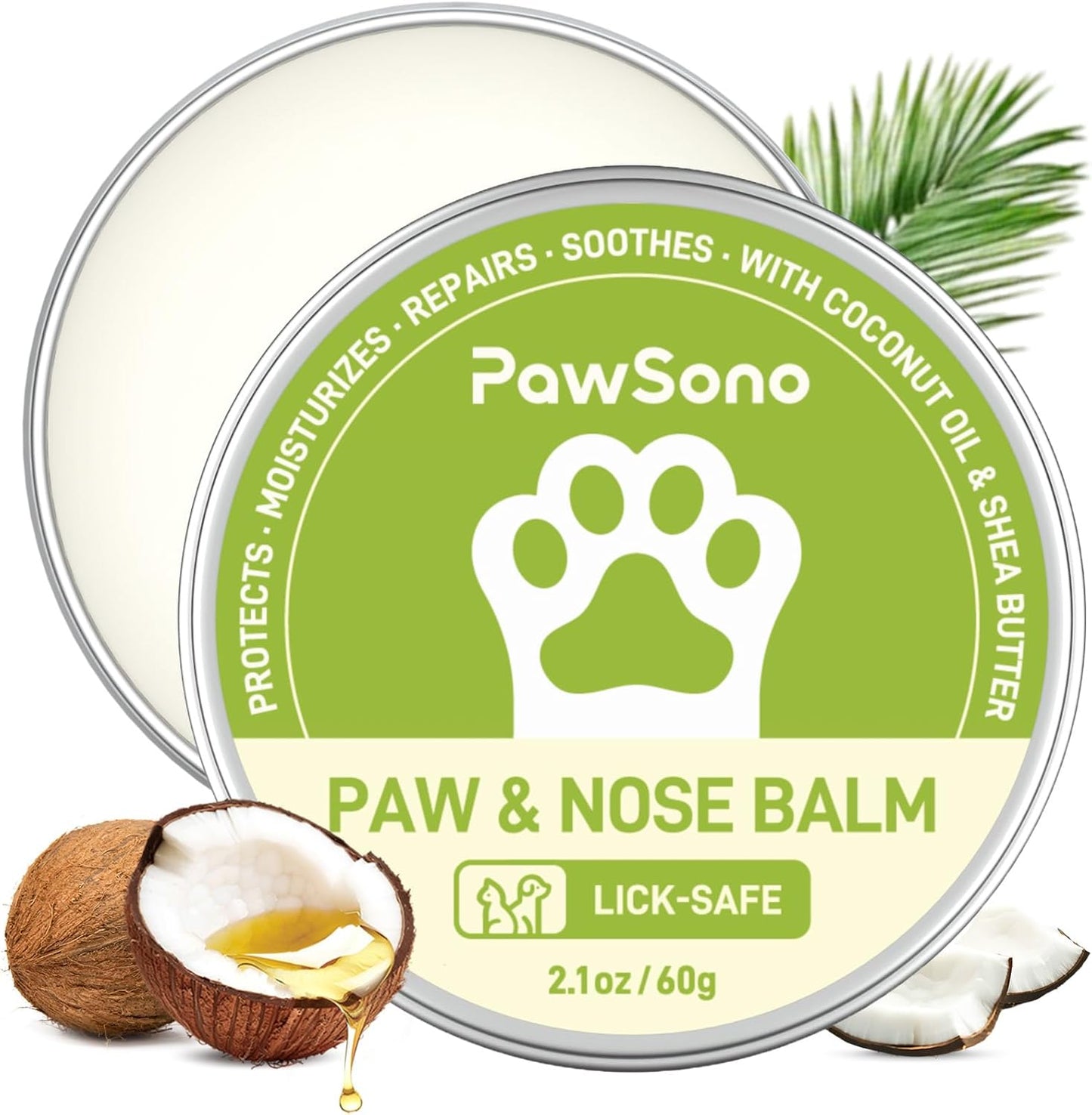 Pawsono Lick-Safe Dog Paw and Nose Balm with Coconut Oil | All-Natural Moisturizer for Dry, Cracked Pads and Snouts | Protective Wax for Hot Pavement and Sand | 2.1 Oz (60 G)