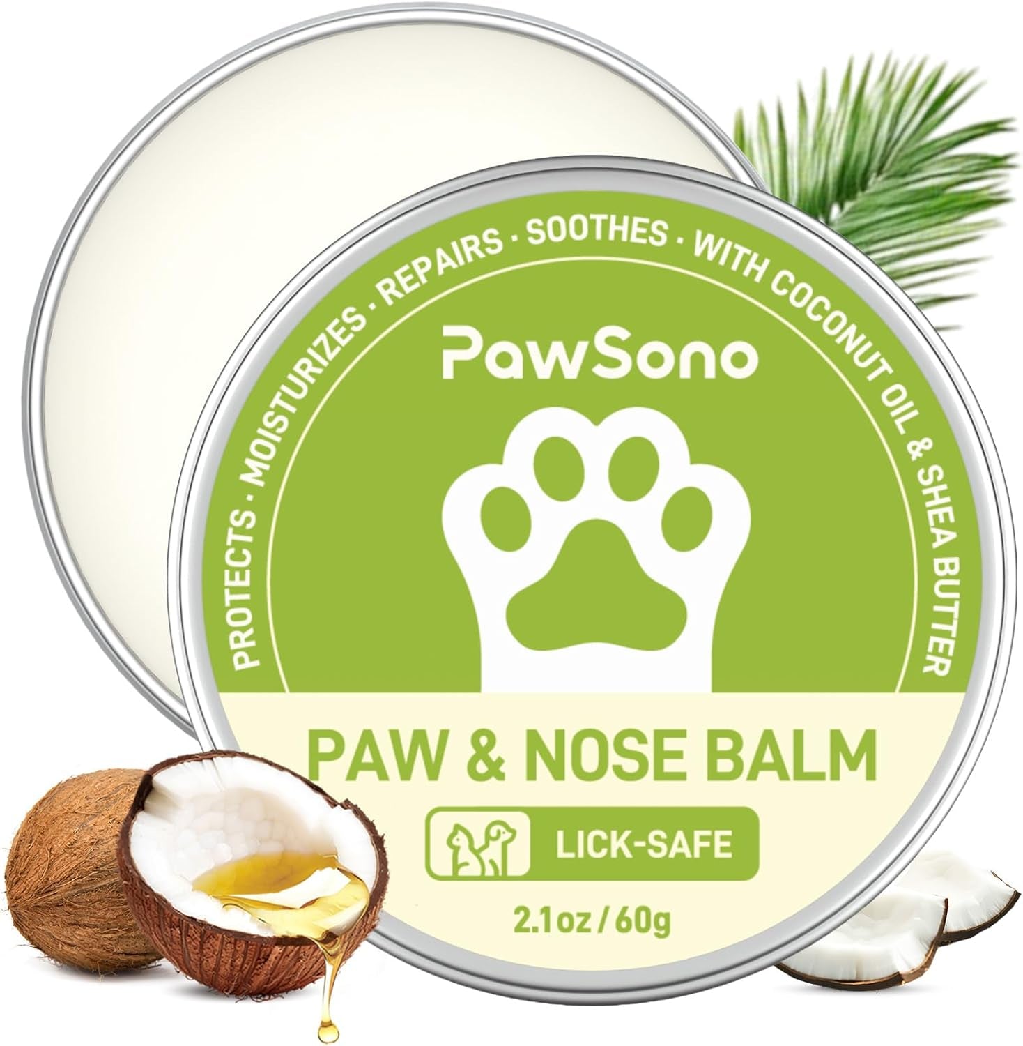 Pawsono Lick-Safe Dog Paw and Nose Balm with Coconut Oil | All-Natural Moisturizer for Dry, Cracked Pads and Snouts | Protective Wax for Hot Pavement and Sand | 2.1 Oz (60 G)