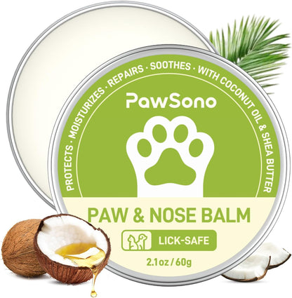 Pawsono Lick-Safe Dog Paw and Nose Balm with Coconut Oil | All-Natural Moisturizer for Dry, Cracked Pads and Snouts | Protective Wax for Hot Pavement and Sand | 2.1 Oz (60 G)