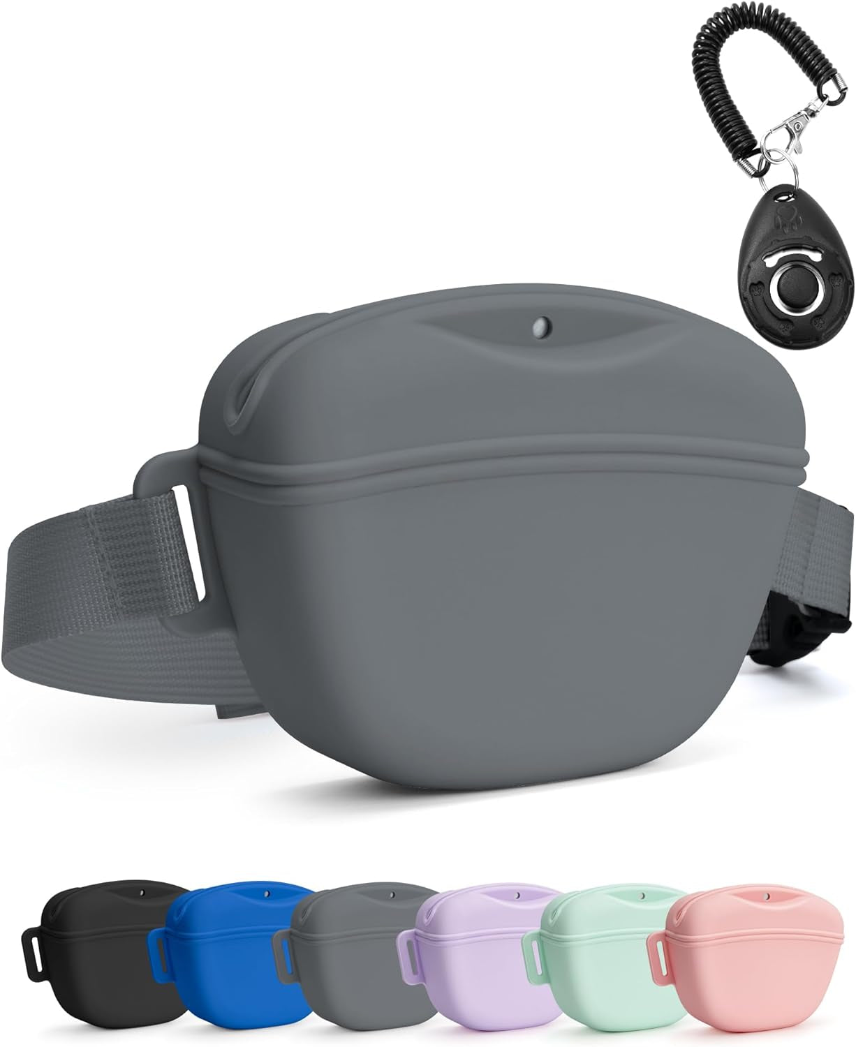 Heouvo Dog Treat Pouch with Training Clicker and Enhanced Magnetic Closure, 1.67 Cup Silicone Treat Bag Fanny Pack with Waist Belt for Pet Training and Walking (Black)